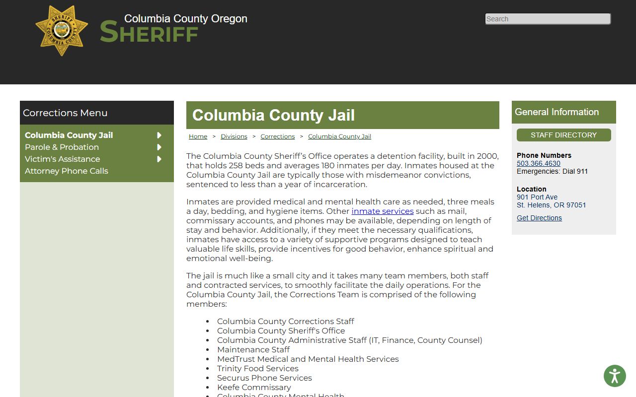 Columbia County Jail page showing 258 beds, average population, services, and 901 Port Avenue address