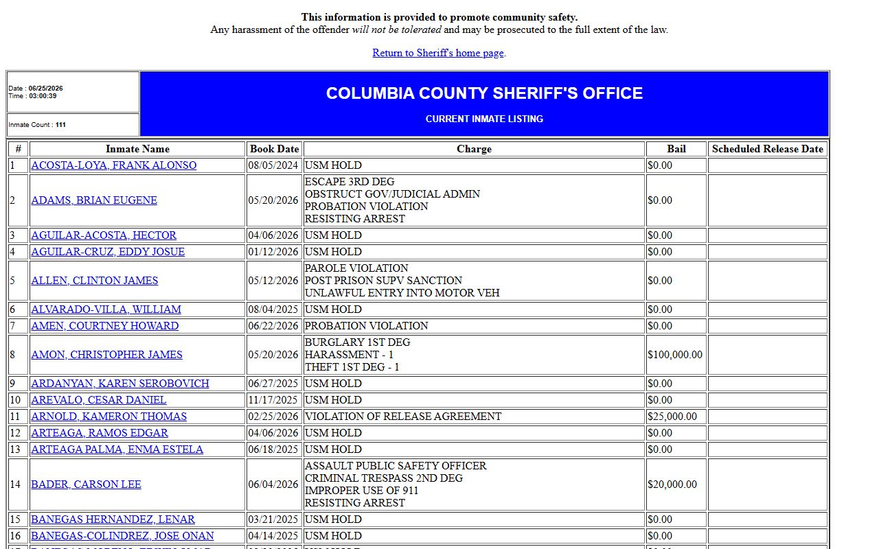 Columbia County jail roster inmate record list