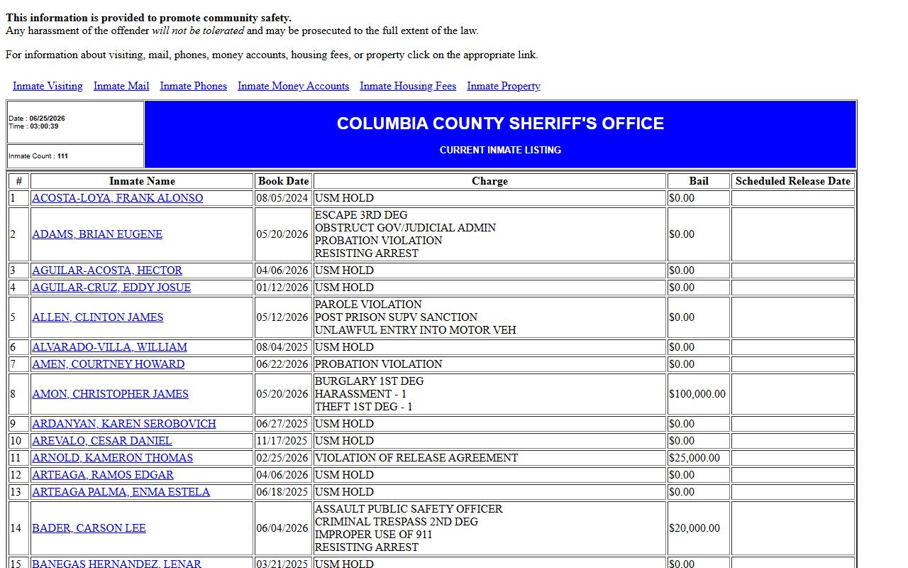 Columbia County inmate records printer roster with inmate count and timestamp