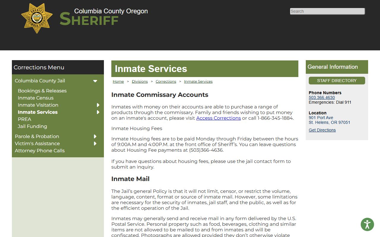 Columbia County Jail inmate services page with money accounts, housing fees, phone vendor, and property release information