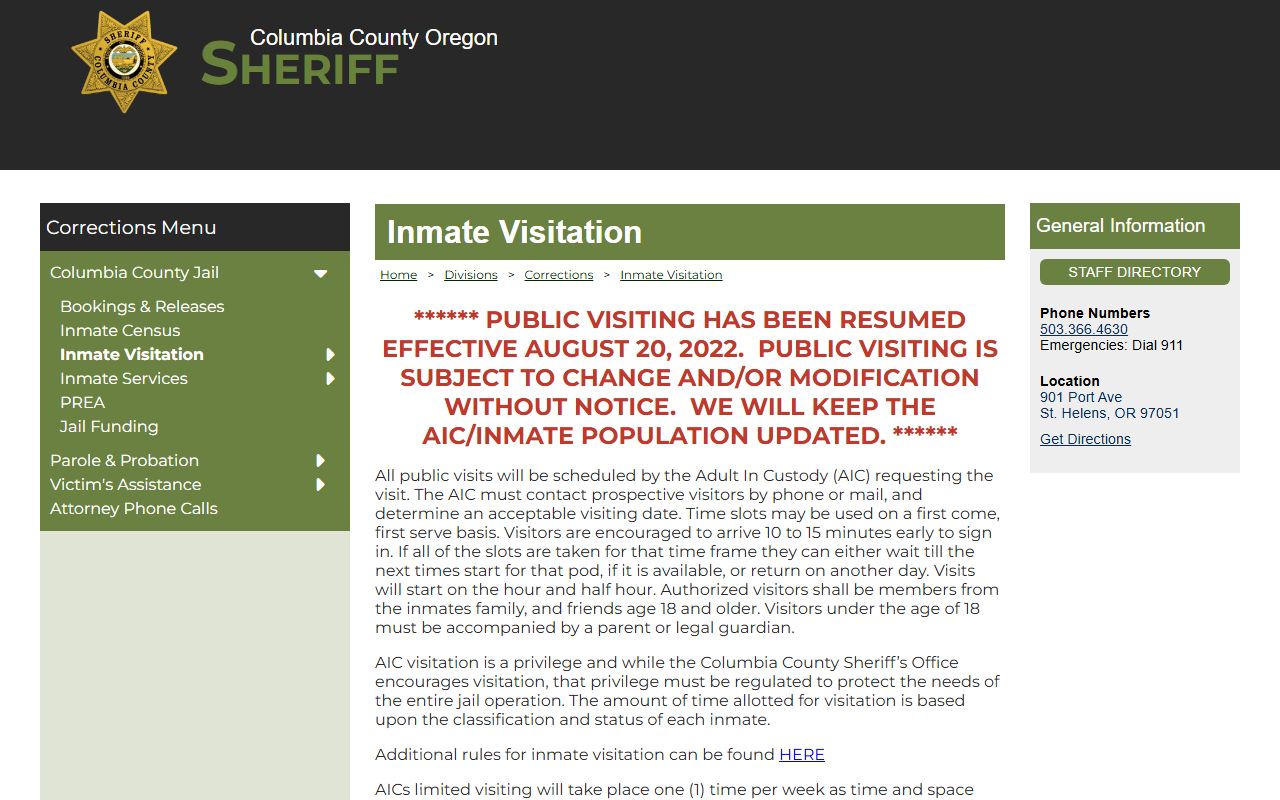 Columbia County Jail visitation page with pod schedule and approved visitor list rules